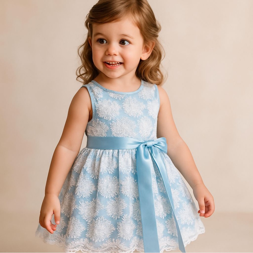 Nannette Light Blue and White Floral Lace Bow Dress
